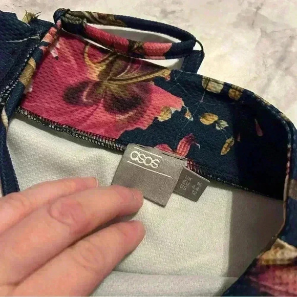 ASOS Blue Floral Spaghetti Strap Ruffle Knee Length Dress Size 12 - Picture 3 of 5